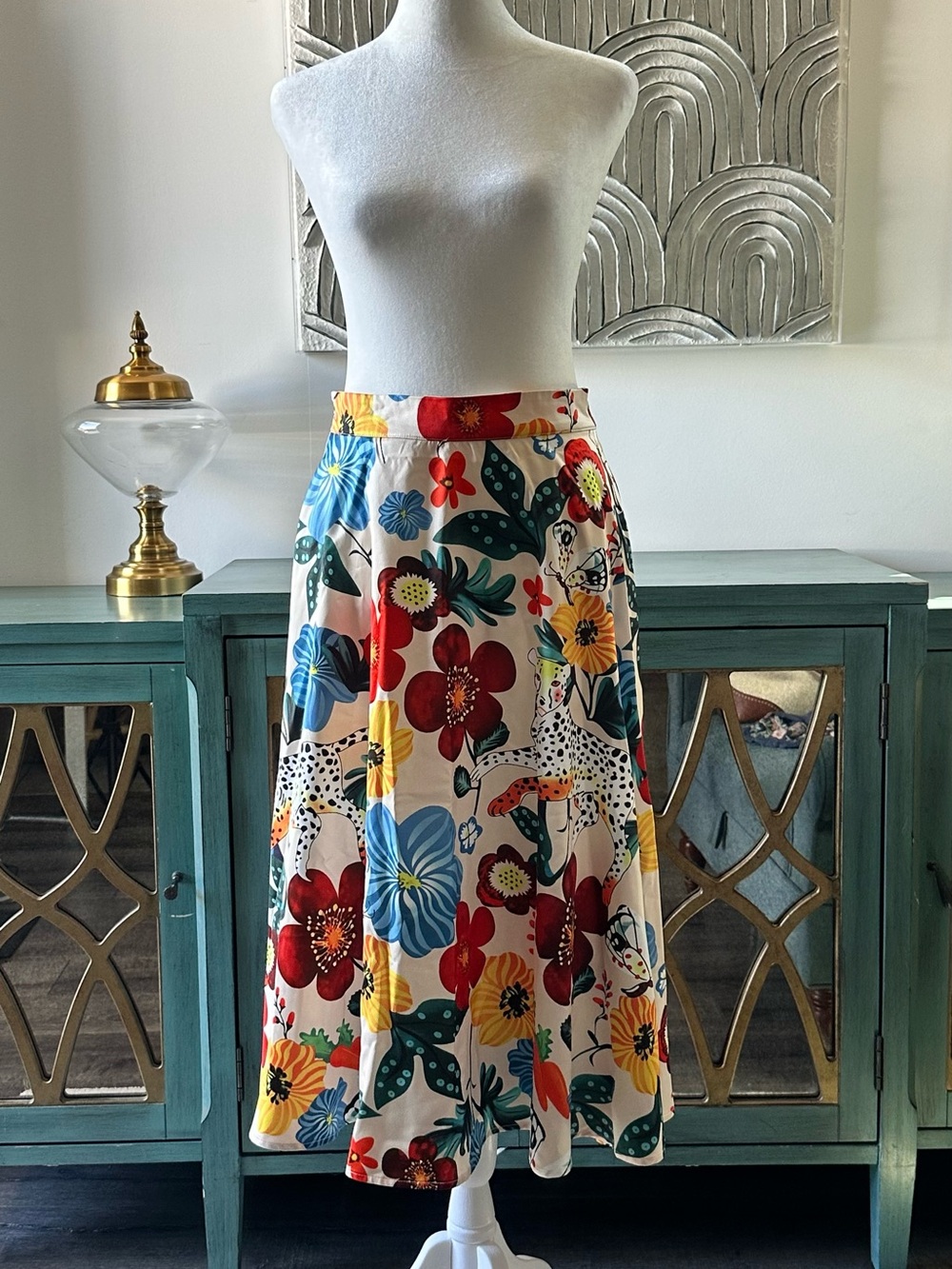 STYLEWE Cream Floral A-Line Midi Skirt with Multicolor Blooms